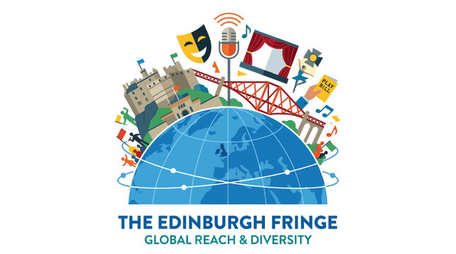 This flat design illustration depicts a stylized globe adorned with Edinburgh landmarks and festival icons, symbolizing the international appeal and global diversity of the Edinburgh Fringe. 
