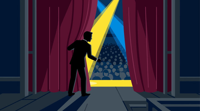 This flat design illustration captures the quiet anticipation of a performer peeking through theatre curtains at an expectant audience, embodying the backstage excitement of the Edinburgh Fringe. 