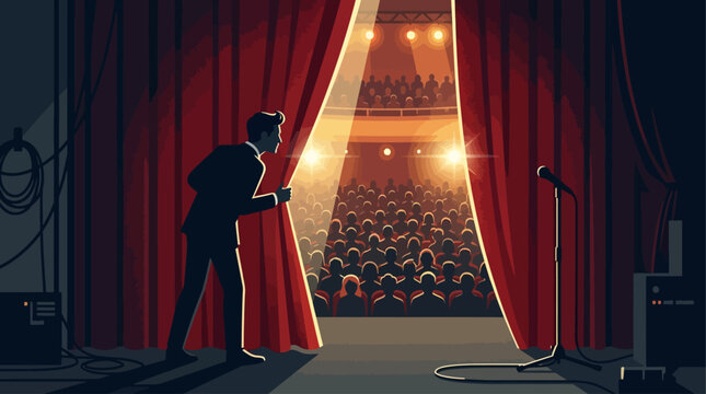 This flat design illustration captures the quiet anticipation of a performer peeking through theatre curtains at an expectant audience, embodying the backstage excitement of the Edinburgh Fringe. 