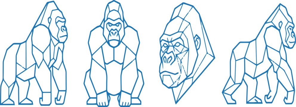 Geometric line art illustrations of gorillas in various poses on free image downlod white background primate