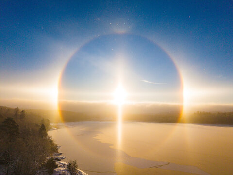 Drone shot of idyllic sundog at remote location during winter