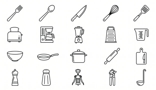 Kitchen Utensils and Cooking Tools Line Icon Set