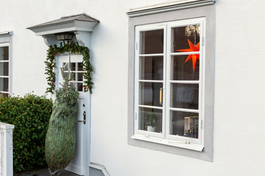 Christmas tree tightly bound in netting leaning against decorated front door near window of house
