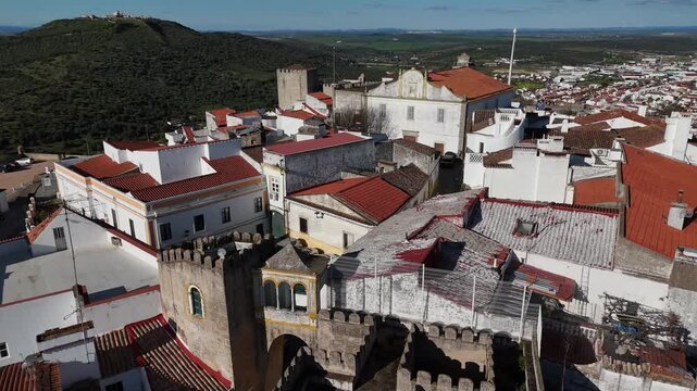 Low Drone Flyover Above Elvas Houses and Castle