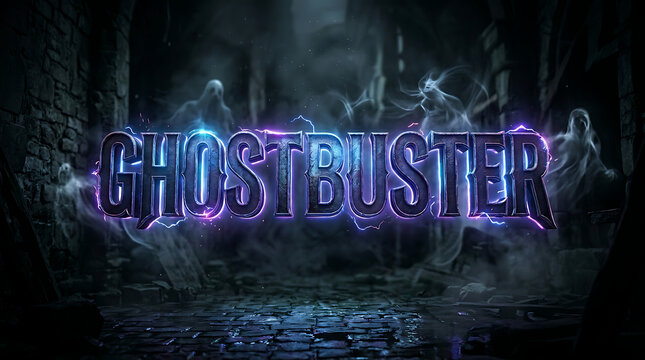 Haunting spectral text design in an eerie, foggy dungeon setting with glowing ethereal figures