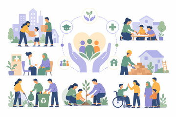 Fototapeta premium Corporate-funded community development and social impact programs improving quality of life, community care and social development concept, flat illustration