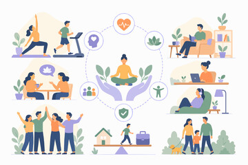 Fototapeta premium Comprehensive employee wellness programs supporting health mental health and work-life balance, occupational wellness and employee care concept, flat illustration