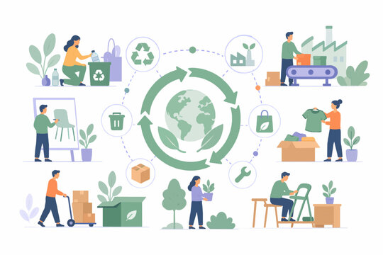 Circular economy business practices with recycling regeneration and resource efficiency, circular business model and waste elimination concept, flat illustration