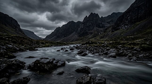 Dramatic landscape of a flowing river in the scottish highlands under a moody, overcast sky