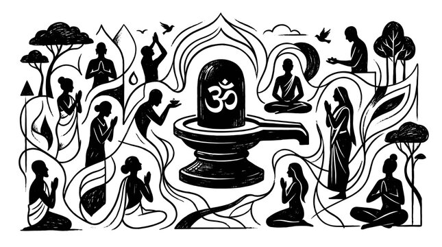 Abstract line art om shivaling vector illustration with meditating devotees surrounded by swirling nature patterns and spiritual elements.
