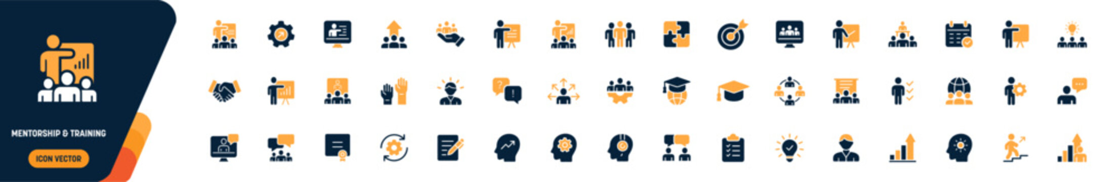 Mentorship and Corporate Training Icon Set. presentation board, business graduation cap, dartboard target, lightbulb idea, puzzle piece, handshake partnership. editable vector illustration
