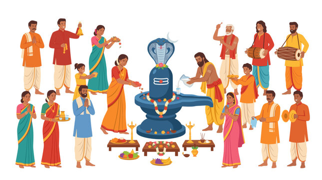Colorful om shivaling vector illustration of Hindu devotees offering prayers and milk performing abhishekam ceremony in traditional clothes.