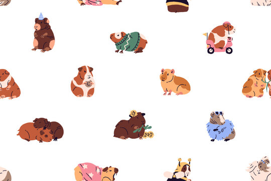 Endless background of funny guinea pigs. Repeatable pattern of cute cavies sleeping, eating, relaxing together. Adorable pets are hugging, stretching and yawning. Flat seamless vector illustration