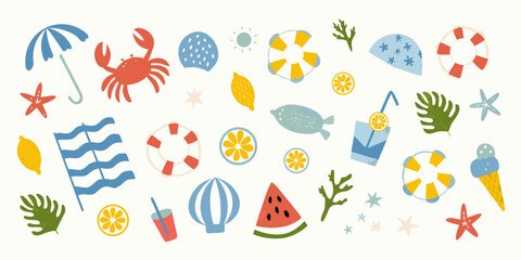 summer beach elements illustration with crabs lemons and watermelon © Laki