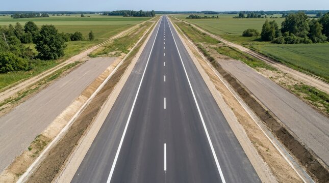 A long straight road stretches through green farmland under a clear blue sky.