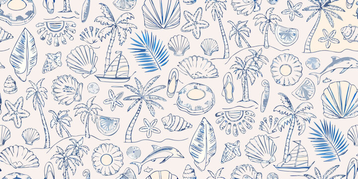 tropical beach themed seamless pattern with marine life and palm trees