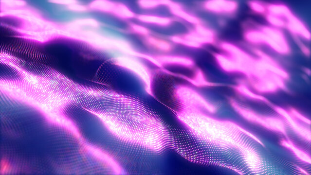 Bright pink neon digital particle wave with glowing dotted surface, abstract motion, and futuristic data background.