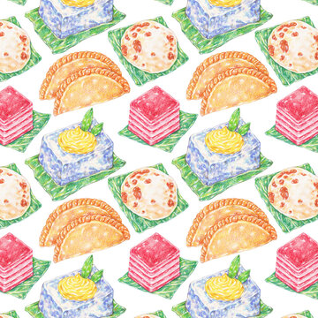 Seamless Pattern of Watercolor Traditional Malaysian Kuih Muih Desserts