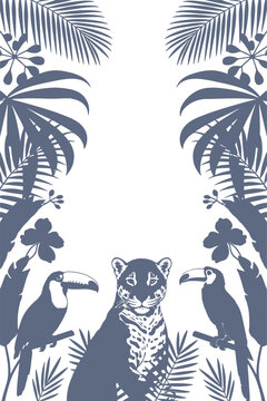 Tropical jungle frame with leopard and toucan birds, exotic palm leaf border vector, monochrome wildlife illustration for invitations and posters