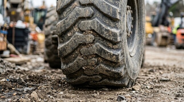 A large muddy tractor tire sits on a rough worksite.