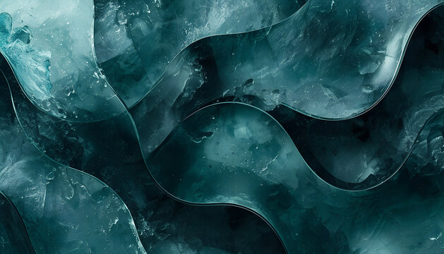 Maximalist abstract background of overlapping architectural waves with obsidian and frosted glass textures 