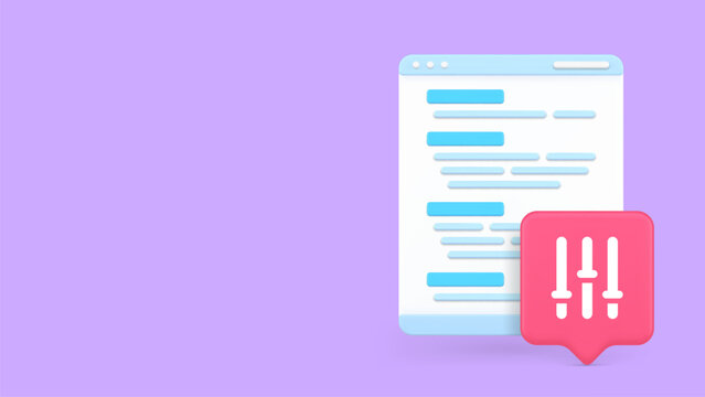 3d code window with a settings icon for software development and UI customization. Minimalist cartoon vector illustration for programming, web configuration, and app setup