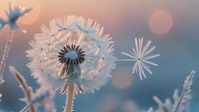 Macro shot of frost-covered dandelion seed head in soft, warm light