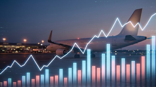 Aviation industry growth and airline stock market trends concept with passenger airplane on airport runway background and financial charts data overlay.