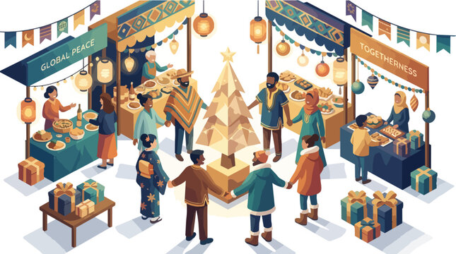 Illustration of people shopping and socializing at an outdoor market with vendor stalls and a Christmas tree in the center.