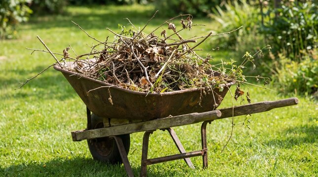 Old rusty wheelbarrow filled with branches and garden waste on lush green grass.