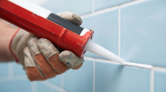 Close-up of a worker applying white silicone sealant with a caulking gun along light blue bathroom tiles