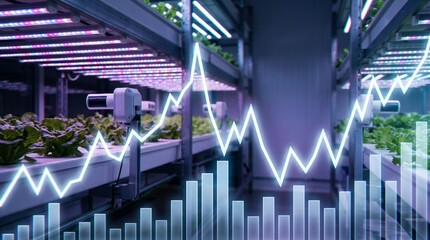 Obraz premium Smart hydroponic vertical farm with digital camera monitoring sensors and green lettuce business growth graph