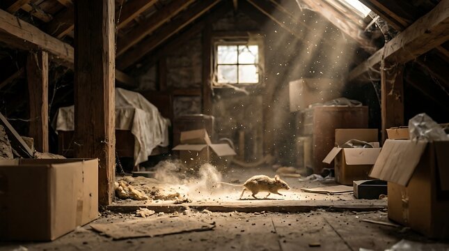 A small rodent running through a dusty abandoned attic filled with old boxes and sunlight beams
