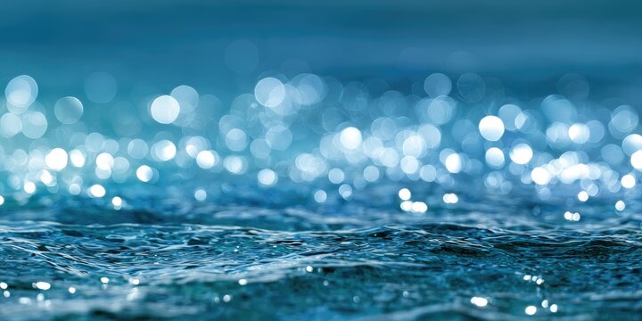 Shimmering blue water surface with soft bokeh light effects in the background
