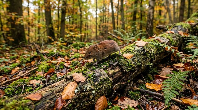 Cute brown vole standing on a mossy fallen log in a colorful autumn forest scene