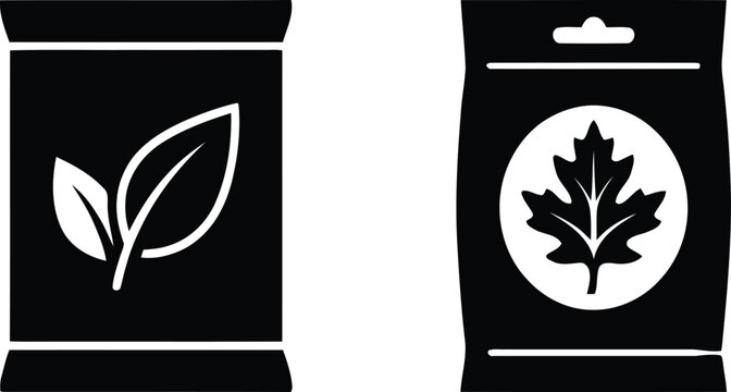 Flat black silhouette icons of seed packets with leaf and maple leaf symbols for garden packaging design and organic farming supplies in a clean professional vector style.
