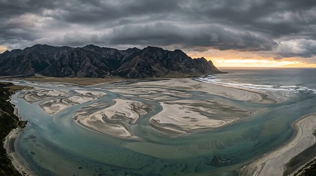 Aerial view of a braided river mouth meeting the ocean at sunset with dramatic mountains in the background