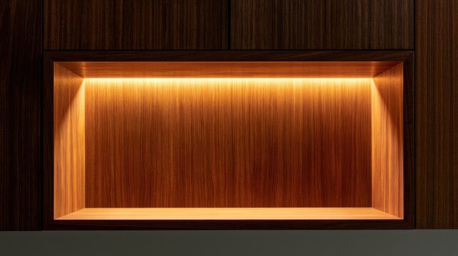 Illuminated recessed wooden niche with warm lighting highlighting grain