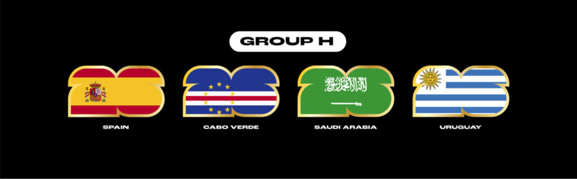 International soccer competition graphic featuring group H flags spain, cabo verde, saudi arabia, uruguay