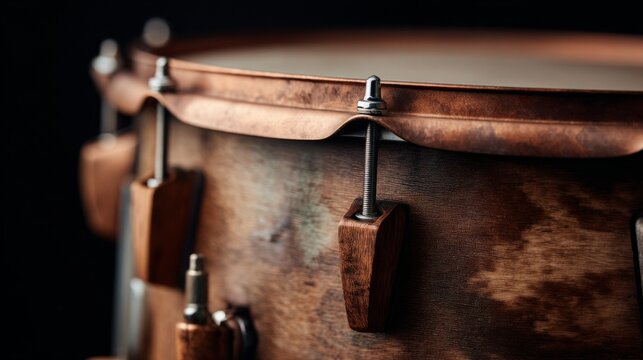 Close-up of a vintage wooden snare drum highlighting its rich textures and details.