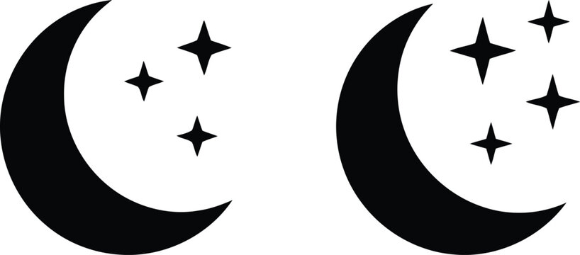 Minimalist black crescent moon and four pointed stars silhouette icon set on white background for night sky celestial design projects and astronomy illustrations
