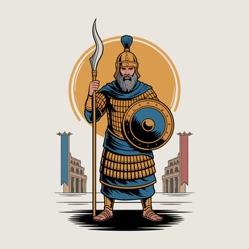 Ancient Warrior Holding Shield Spear.