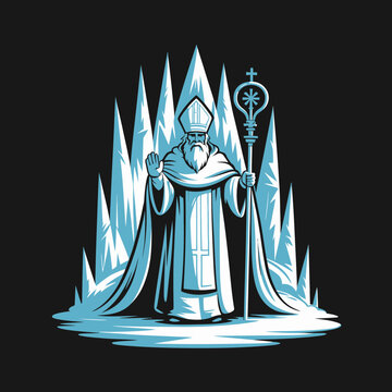 Bishop in white robe holding staff.
