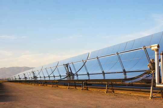 Parabolic trough solar field in warm afternoon light