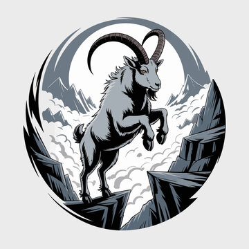 Goat standing on mountain peak rock.