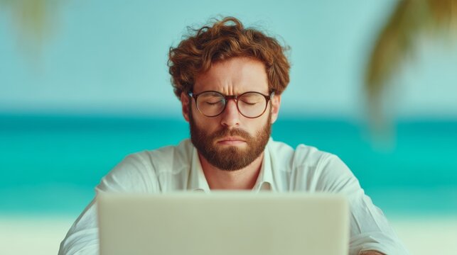 Remote Work Burnout - Exhausted Employee with Virtual Tropical Beach Background., Remote Work and Emotional Distance, The feeling of loneliness, emptiness,