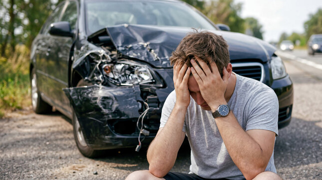 Stressed Driver Sitting After Serious Car Accident With Damaged Vehicle