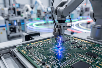 Fototapeta premium Robotic arm assembling circuit board with laser in factory
