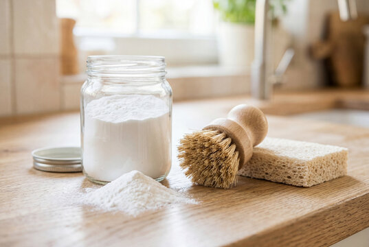 Baking soda jar with scrub brush and sponge for zero waste cleaning