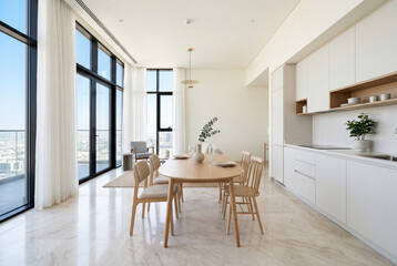 Fototapeta premium Minimalist living room with dining table in luxury apartment